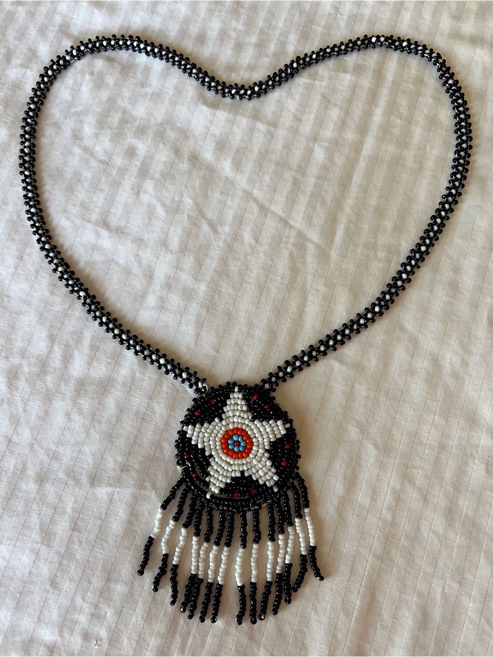 Vtg Handmade Native Amer Beaded Medallion Fringe Necklace Black White Seed Beads